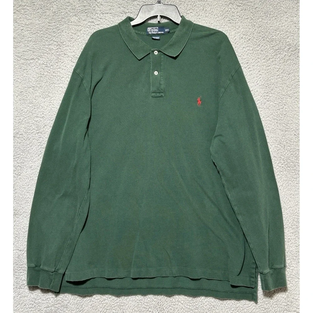 VTG Polo Ralph Lauren Heavyweight Long Sleeve Polo Shirt Mens XXL Green Red Pony